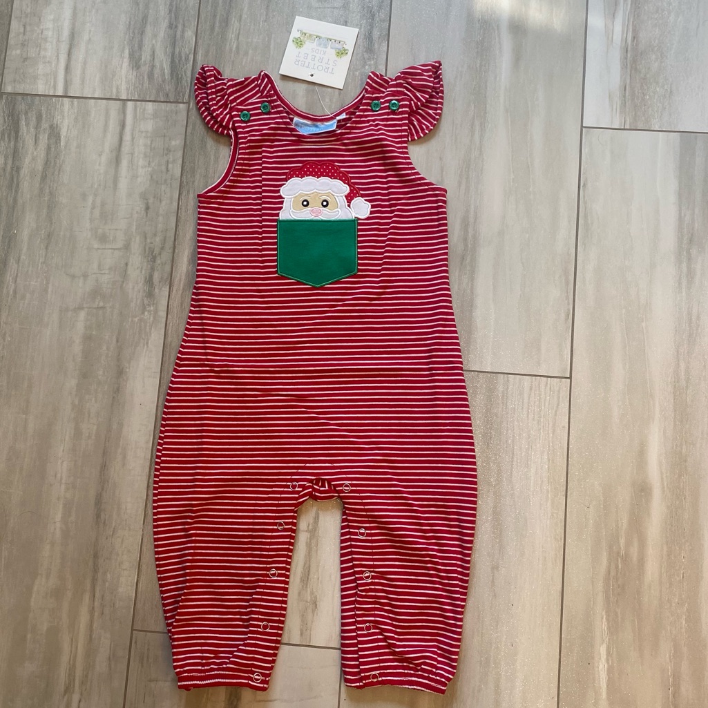 Nwt Trotter Street Kids Red And White Striped Santa Appliqu Romper, Size 18